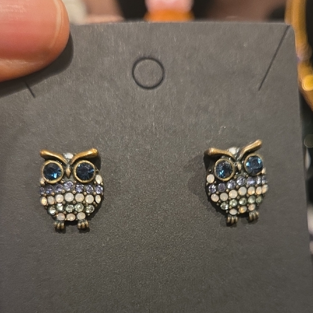 Owl Stud Earrings with Blue Accents